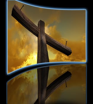Wooden cross against the sky with shining rays