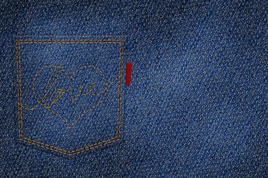 embroidery heart and love with red thread on the back pocket of blue jeans with logo tag. jean denim texture background