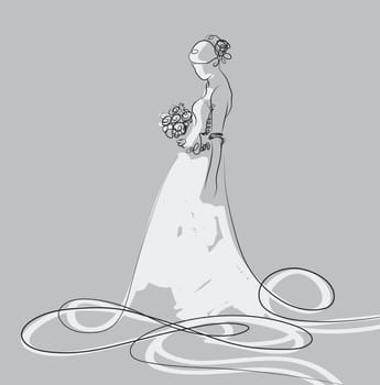 sketch of beautiful young bride in white dress