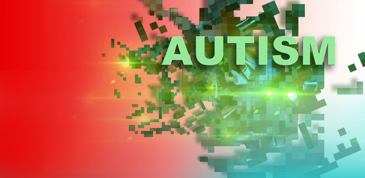 writing word  Autism  on gradient background with many shatter green piece made in 2d software