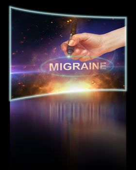 writing word Migraine with marker on gradient background made in 2d software