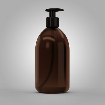 A brown transparent plastic bottle with a dispenser for cosmetics - mockup. 3d illustration