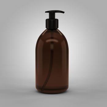 A brown transparent plastic bottle with a dispenser for cosmetics - mockup. 3d illustration