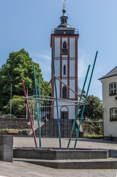 colorful fountain in front of church