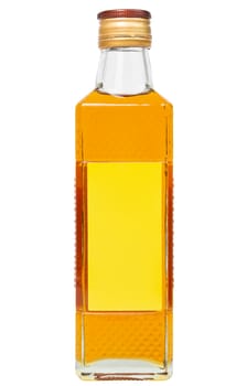 small square glass bottle of yellow chinese oil isolated on white background.