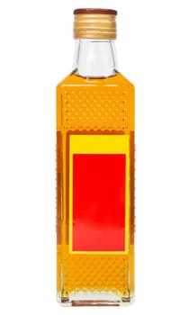 small square glass bottle of yellow chinese oil isolated on white background.