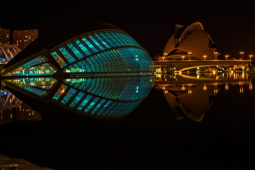 City of Arts and Sciences or Ciudad de las Artes y las Ciencias in Valencia at night