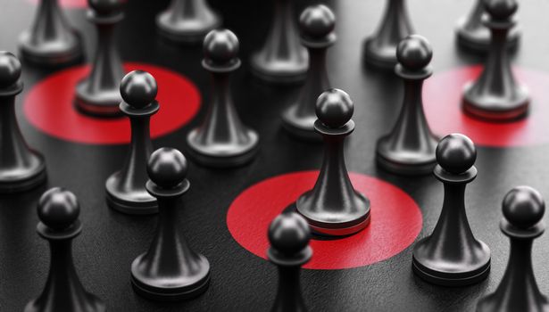 3d illustration of pawns over black background and some of them surrounded by red circles. Targeted individuals and advertising target concept. 