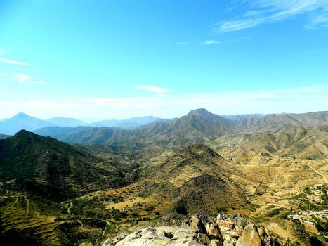 Eritrea, Africa - 08/10/2019: Travelling around the vilages near Asmara and Massawa. An amazing caption of the trees, mountains and some old typical houses with very hot climate in Eritrea.