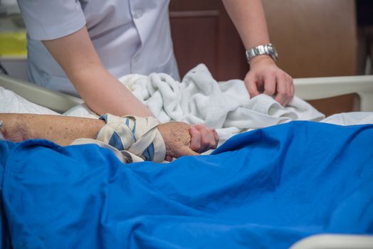 Patient in the hospital with saline intravenous and relatives patient hand holding a elderly patient hand