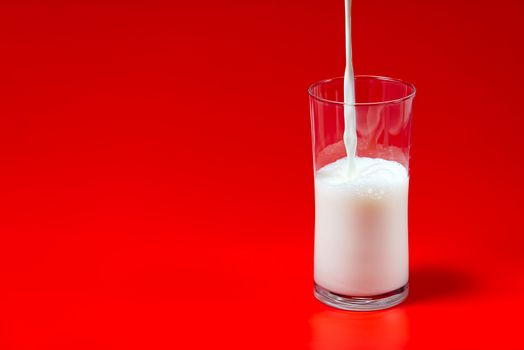 milk is poured into a glass transparent glass on a red background