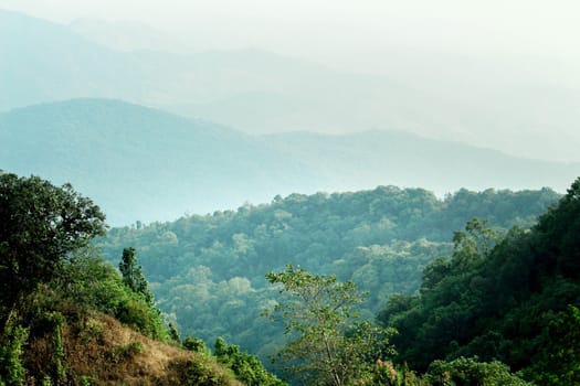 Landscape of complex mountain with sunlight in northern of Thailand.