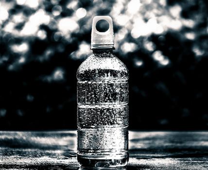 Cool pure water bottles with steam around placed on wooden table on nature background. black and white tone.