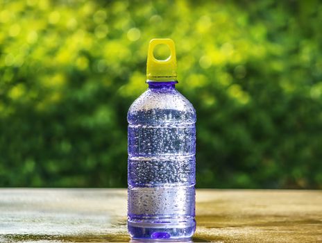 Cool pure water bottles with steam around placed on wooden table on nature background.