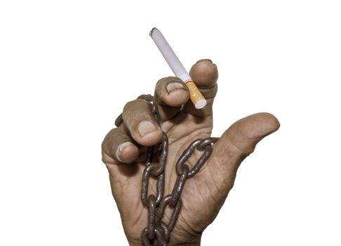 World No Tobacco Day; Asian man holding cigarette with smoke and steel chain on hand isolated on white background with space for text.