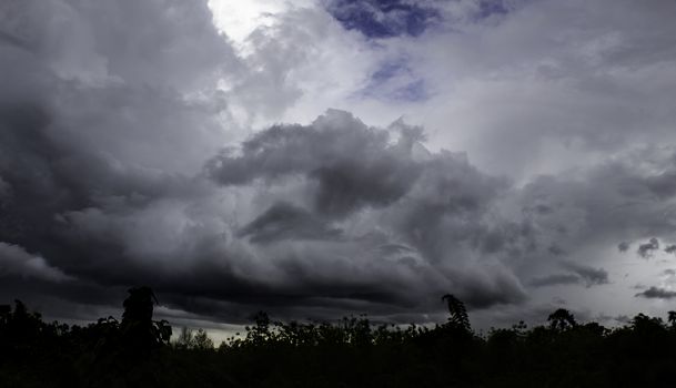 Dark gray dramatic sky with large clouds before rain.