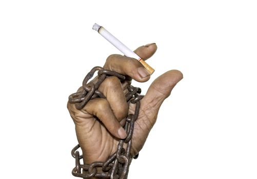 World No Tobacco Day; Asian man holding cigarette with smoke and steel chain on hand isolated on white background with space for text.