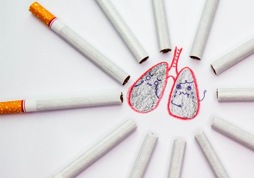 World No Tobacco Day; Sort cigarettes is a circle around bad lungs on white background.