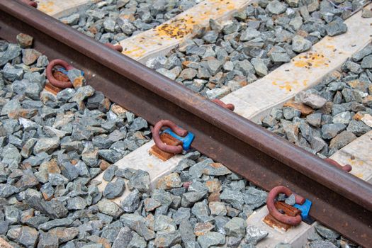 Close-up of Railroad tracks at Lamphun station, Thailand.