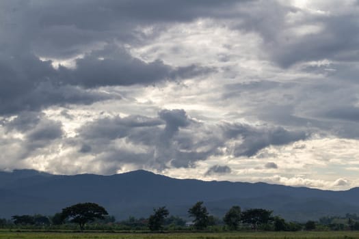 The Dark gray dramatic sky with large clouds in rainy seasons.