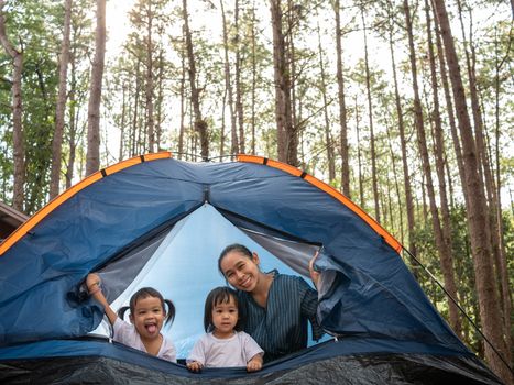 Asian family of happy enjoying with spreading tents in the pine forest