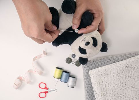 Sewing accessories, fabric and panda doll that has lost button on a white background with space for your idea text.