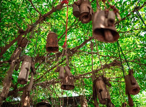 Handmade wooden cow neck bell hanging on the tree for garden decoration . Rural people in Thailand use hanging on neck of cow and buffalo.