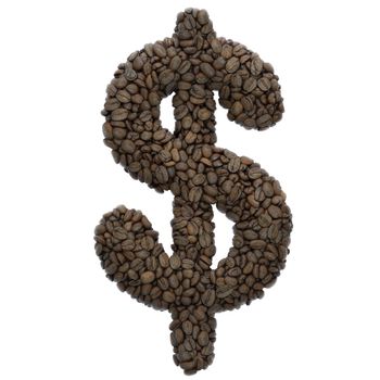 Coffee dollar currency sign - 3d roasted beans business symbol isolated on white background. This alphabet is perfect for creative illustrations related but not limited to Coffee, energy, insomnia.