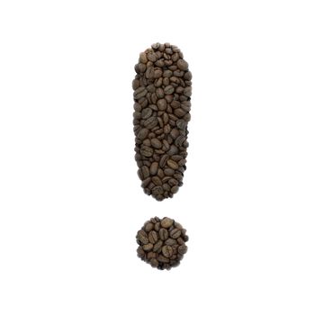 Coffee exclamation point - 3d roasted beans symbol isolated on white background. This alphabet is perfect for creative illustrations related but not limited to Coffee, energy, insomnia...