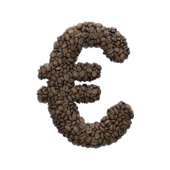 Coffee euro currency sign - 3d roasted beans money symbol isolated on white background. This alphabet is perfect for creative illustrations related but not limited to Coffee, energy, insomnia...