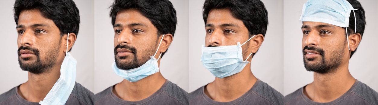 Collage of young man in improper way of using medical face masks - Awareness concept to ware mask, to protect from coronavirus or covid-19 pandemic.