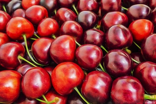 close up red cherries in a box