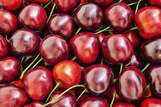 close up red cherries in a box