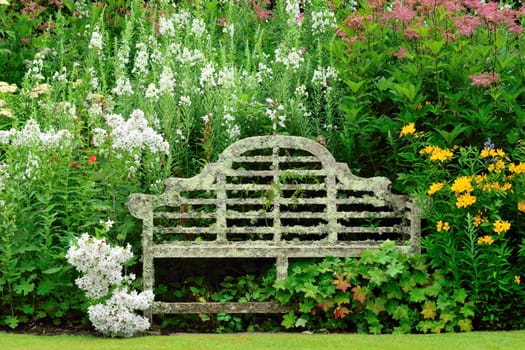 Weathered Garden seat covered in Lichen.