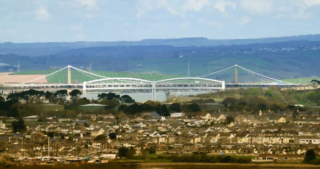 Rail and Road bridges spanning the Tamar river between Devon and Cornwall UK. Isambard Kingdom  Brunel. 