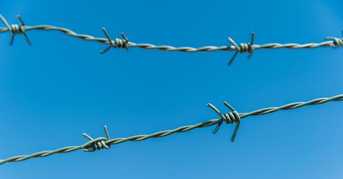 barbed wire with blue sky in the background.
