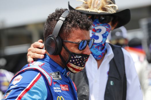 June 22, 2020 - Talldega, Alabama, USA: #43 driver, Darrell Wallace Jr, is overcome by emotion before the Geico 500 at Talladega Superspeedway in Talldega, Alabama. The day before, a noose was found in his garage, both NASCAR and the FBI are investigating the incident.