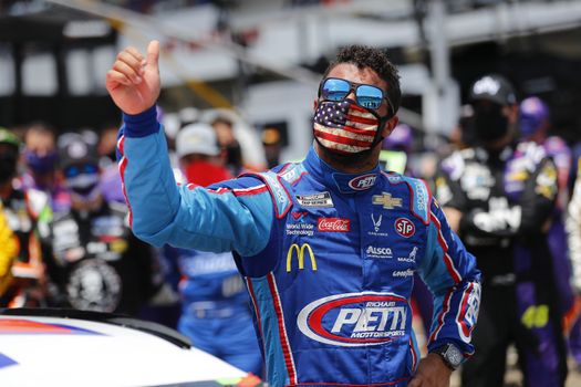 June 22, 2020 - Talldega, Alabama, USA: #43 driver, Darrell Wallace Jr, is overcome by emotion before the Geico 500 at Talladega Superspeedway in Talldega, Alabama. The day before, a noose was found in his garage, both NASCAR and the FBI are investigating the incident.