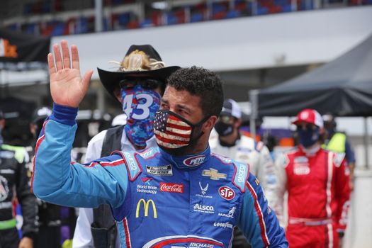 June 22, 2020 - Talldega, Alabama, USA: #43 driver, Darrell Wallace Jr, is overcome by emotion before the Geico 500 at Talladega Superspeedway in Talldega, Alabama. The day before, a noose was found in his garage, both NASCAR and the FBI are investigating the incident.