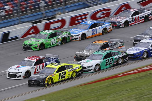 Ryan Blaney (12) races down the dogleg during the GEICO 500 at Talladega Superspeedway in Lincoln, Alabama.