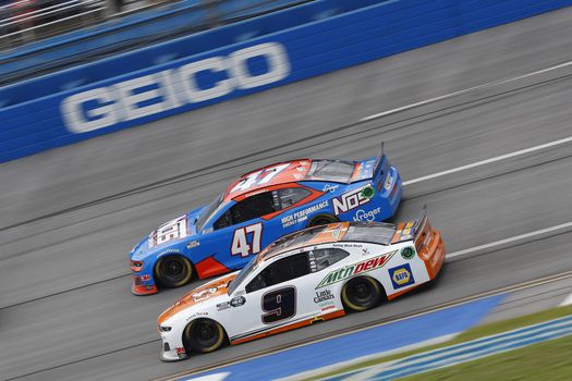 Chase Elliott (9) races down the dogleg during the GEICO 500 at Talladega Superspeedway in Lincoln, Alabama.