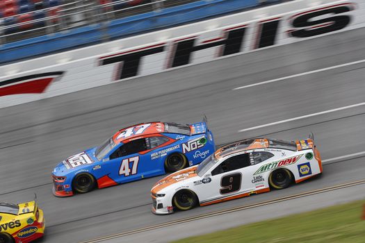 Chase Elliott (9) races down the dogleg during the GEICO 500 at Talladega Superspeedway in Lincoln, Alabama.