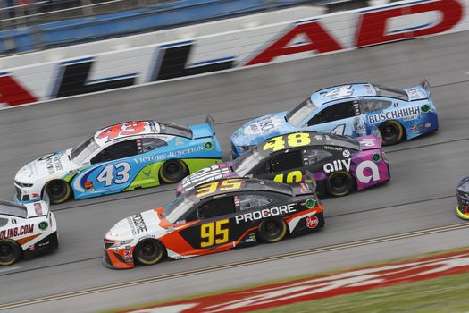 Christopher Bell (95) races down the dogleg during the GEICO 500 at Talladega Superspeedway in Lincoln, Alabama.