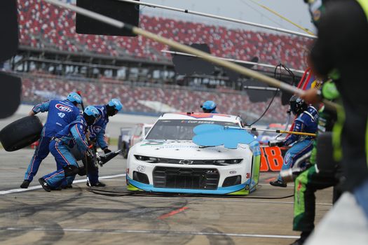 Darrell Wallace, Jr (43) makes a pit stop for the GEICO 500 at Talladega Superspeedway in Lincoln, Alabama.