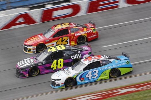 Darrell Wallace, Jr (43) races down the dogleg during the GEICO 500 at Talladega Superspeedway in Lincoln, Alabama.