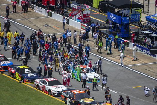 Darrell Wallace, Jr (43) gets pushed to the front of the field for the GEICO 500 at Talladega Superspeedway in Lincoln, Alabama.