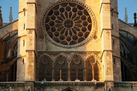 Leon, Spain - 10 December 2018: Leon cathedral rose window close-up at sunset
