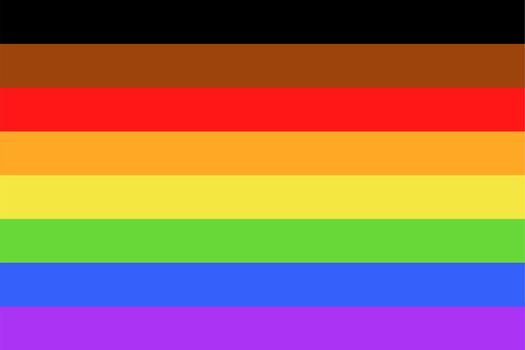 Illustration of Philadelphia 2017 8-stripe rainbow pride flag / banner of LGBTQ (Lesbian, gay, bisexual, transgender & Queer) organization. Black & Brown depicting people of color within the community