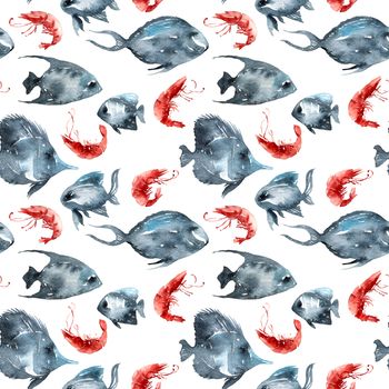 Watercolor illustration of fishes and shrimps. Seamless pattern.