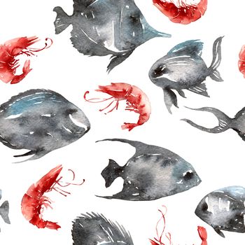 Watercolor illustration of fishes and shrimps. Seamless pattern.